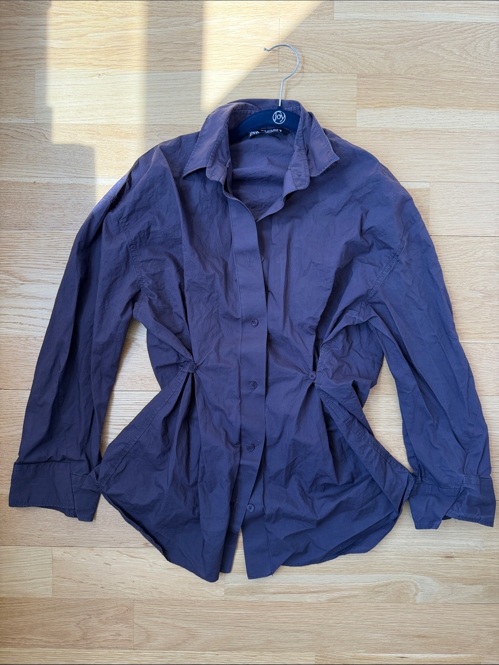 Zara Women's Pinched Waist Button down Cotton Shirt Eggplant